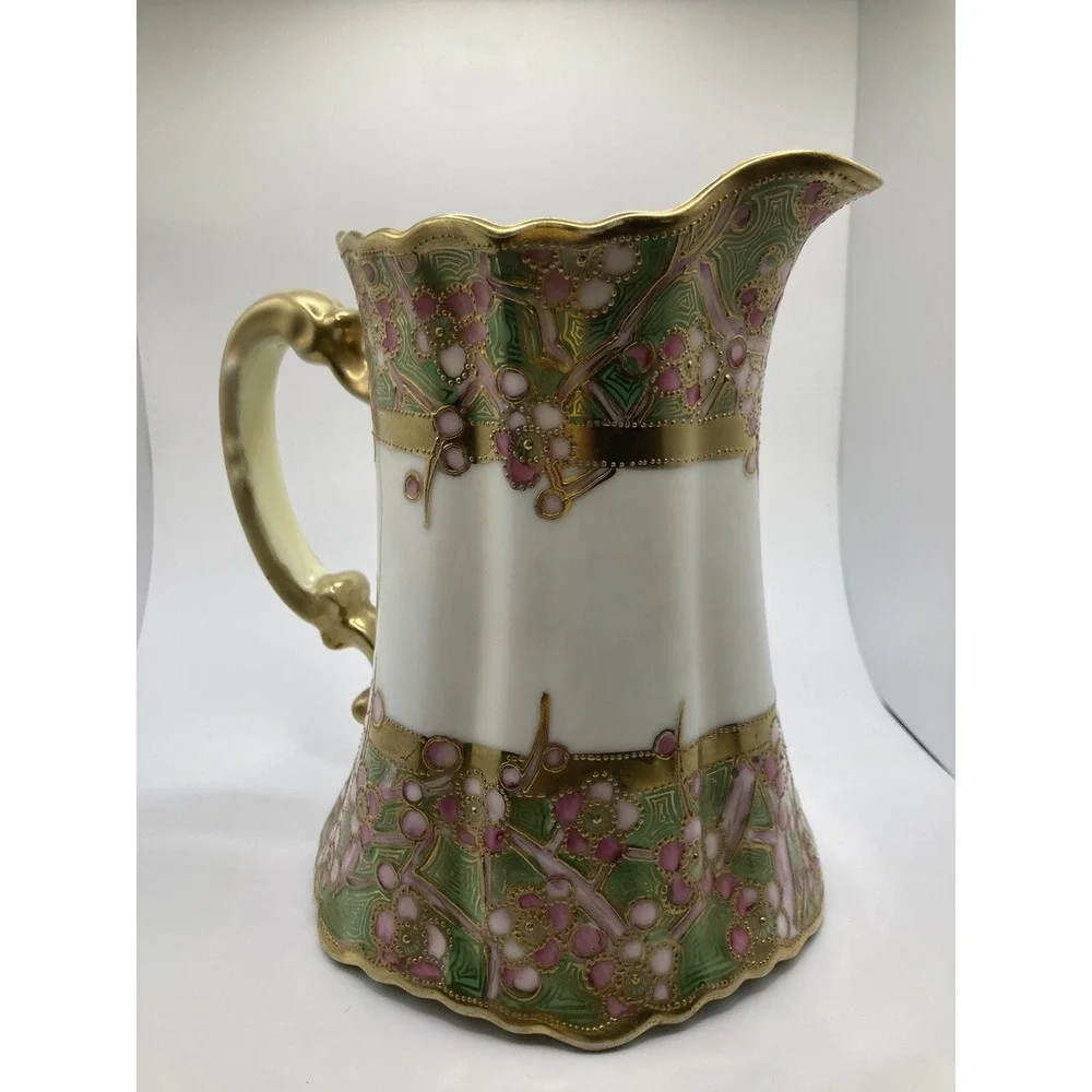 Antique Nippon Hand Painted Moriage Floral Pitcher Gold Gilt‎ Porcelain Cottage